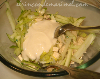 ensaladilla de puerros, manzana y pollo