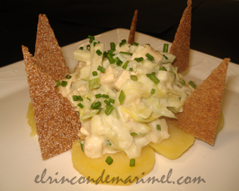 ensaladilla de puerros, manzana y pollo