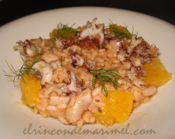 arroz melozo con chipirones, naranja e hinojo