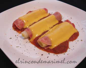 puerros arropadps de jamón y queso