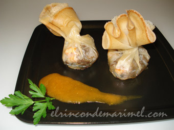 bolsitas de setas y langostinos