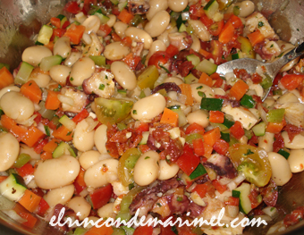 ensalada de judiones con pulpo y vinagreta de tomates secos
