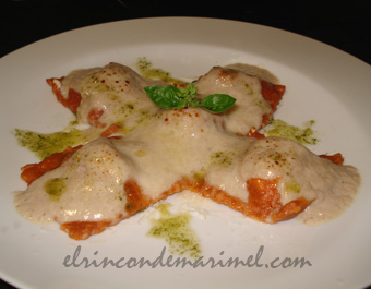 Ravilis de tomate rellenos de verdura y tofu