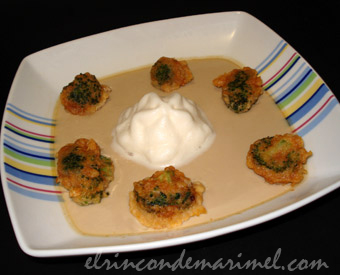 royal de hongos con crujientes de brcoli con espuma de jamn
